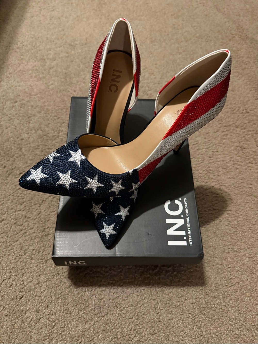 INC International Concepts Patriotic Red White Blue Rhinestone Pointed Heels